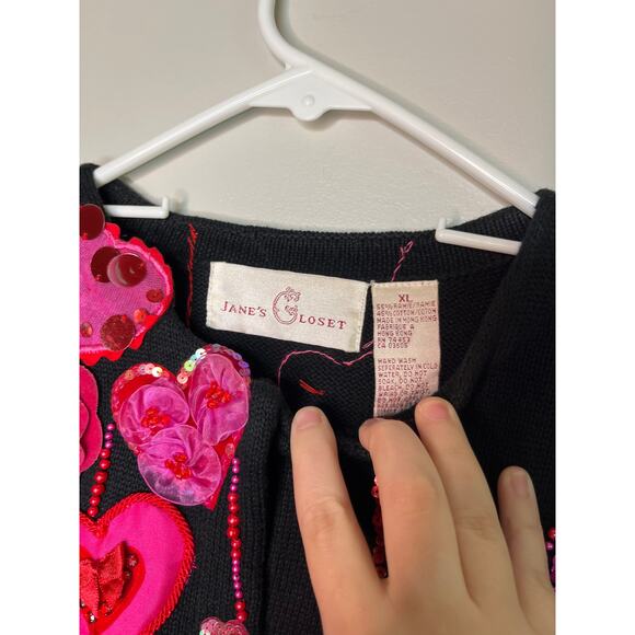 1990s Jane's Closet Red Pink Valentines Day Hearts Love Sparkle Glam Cardigan XL - Picture 2 of 6